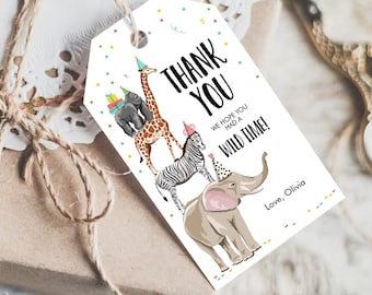 Editable Party Animals Favor Tags Safari Party Animals Wild One Thank You Tag Birthday Wild Time Gift Tag Corjl Template Printable 0142
