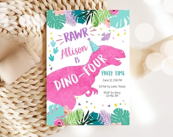 Bearbeitbare Dino-Four-Dinosaurier-Geburtstags-Einladung Dino T-Rex 4