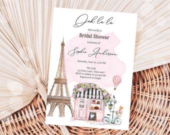 Editable Paris Bridal Shower Invitation French Patisserie Parisian Eiffel Tower Ooh La La Cafe Floral Printable Template Corjl Digital 0441