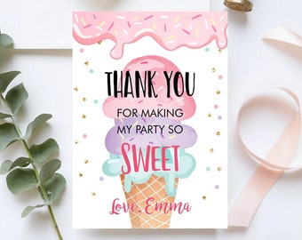 Editable Ice Cream Thank You Card Ice Cream Birthday Thank you Note Girl Birthday Summer Download Printable Template Digital Corjl 0243