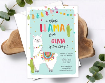 Editable Whole Llama Fun Birthday Invitation Fiesta Mexican Cactus Alpaca Girl Blue Party Instant Download Printable Corjl Template 0079