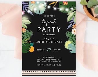 Editable Tropical Birthday Invitation Tropical Party Adult Birthday Man Woman Palm Leaves Hawaiian Download Printable Template Corjl 0183