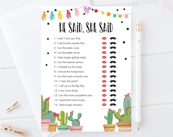 Editable He Said She Said Bridal Shower Game Cactus Fiesta Mexican Coed Shower Succulent Wedding Activity Corjl Template Printable 0254