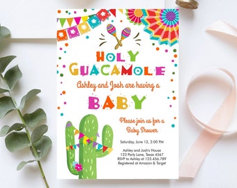 Invitation de baby shower modifiable Holy Guacamole Fiesta Cactus Mexicaine succulente Little Señor Senorita on the Way Télécharger le modèle Corjl 0045