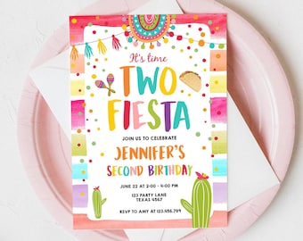 Editable It's Time Two Fiesta Birthday Invitation Second Birthday 2nd Cactus Mexican Boy Girl Cactus Download Corjl Template Printable 0134