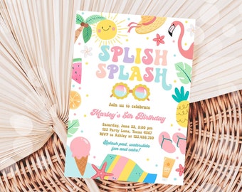 Bewerkbare Splish Splash verjaardagsuitnodiging Pool Party Girl Summer Waterslide Water Party Pink Download afdrukbare uitnodigingssjabloon Corjl 0465