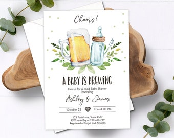Editable A Baby is Brewing Invitation Bottle and Beers Baby Shower Cheers Coed Couples Shower Download Printable Template Corjl 0190