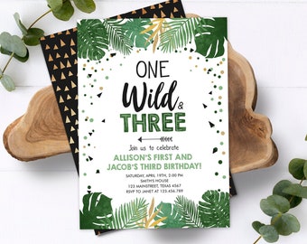 Editable One Wild and Three Birthday Invitation Safari Tropical Party 1st 3rd First Third Birthday Coed Joined Boy Gold Corjl Template 0332