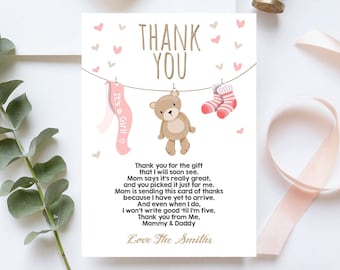 Editable Baby Shower Thank You Card Teddy Bear Thank You Note Shower Pink Girl Woodland Animals Template Instant Download Digital Corjl 0025