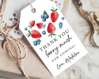 Editable Strawberry Blueberry Favor Tags Berry First Birthday Thank you tags Label Berry Much Tags Berry Sweet Template PRINTABLE Corjl 0399