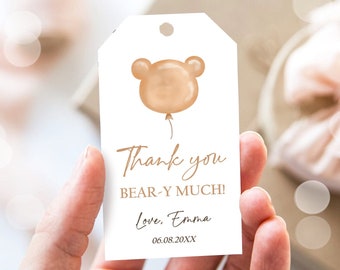 Editable Boho Teddy Bear Favor Tags Thank You Beary Much Tag Bearly Wait Baby Shower Bear Label Boy Girl Template Corjl PRINTABLE 0439