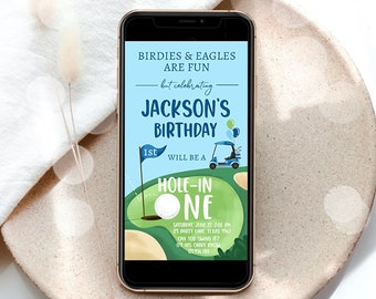 Editable Hole in One Birthday Evite Golf First Birthday Par-tee Golf Invite Boy Golf Download Electronic Phone Template Digital Corjl 0405