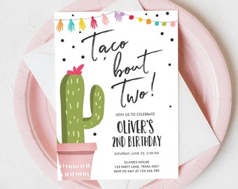 Editable Taco Bout a Party Birthday Invitation ANY AGE Girl Boy Cactus Fiesta Mexican Second Birthday Download Printable Corjl Template 0254