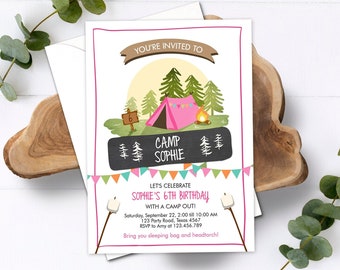 Editable Glamping Party Invitation Camp Out Birthday Invite Bonfire Outdoor Camping Tent Girl Pink Download Printable Template Corjl 0302