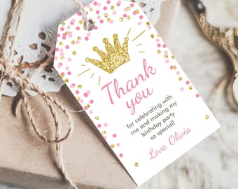 Editable Little Princess Favor Tags Thank You Girl Birthday Pink Gold Confetti Crown Royal Party Download Corjl Template Printable 0047