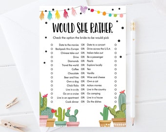Editable Would She Rather Bridal Shower Game Cactus Fiesta Mexican Coed Shower Succulent Wedding Activity Corjl Template Printable 0254