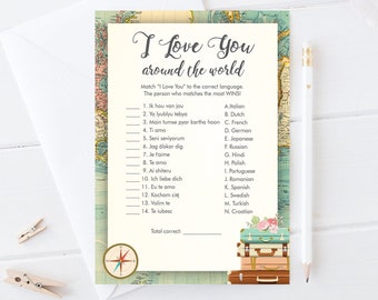 Editable I Love You Around the World Bridal Shower Game Travel Wedding Shower Activity Vintage Map Suitcases Corjl Template Printable 0044