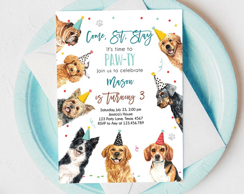 Editable Dog Birthday Party Invitation Puppy Birthday Invite Boys Blue Doggy Shelter Animal Pet Vet Download Printable