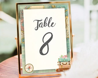 Editable Travel Adventure Table Number Bridal Shower Wedding Traveling to Mrs Travel Suitcase Vintage Floral Printable Template Corjl 0044