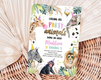 Editable Party Animals Birthday Invitation Leopard Print Safari Animals Zoo Birthday Party Girl Pink Download Printable Template Evite 0417