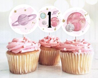 Outer Space Birthday Cupcake Toppers First Trip Around the Sun Favor Tags Space Birthday Planets Galaxy Girl Pink Digital PRINTABLE 0357