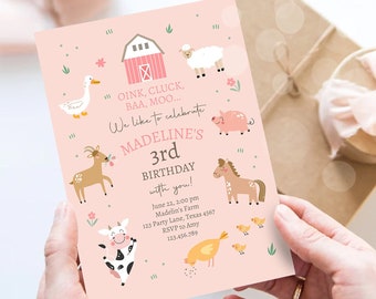May include: Pink and green farm animal themed birthday invitation with the text "OINK, CLUCK, BAA, MOO... We like to celebrate MADELINE'S 3rd BIRTHDAY with you!" June 22, 2:00 pm Madelin's Farm 123 Party Lane, Texas 4567 RSVP to Amy 123.456.789