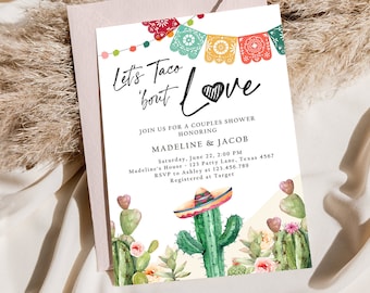 Editable Let's Taco Bout Love Engagement Invitation Couples Shower Bridal Watercolor Cactus Succulent Fiesta Digital Template Printable 0404