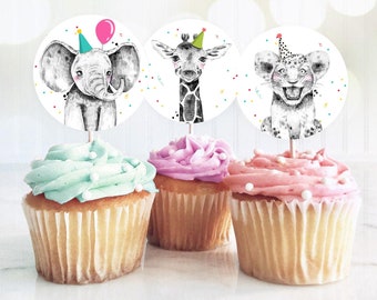 Party Animals Cupcake Toppers Favor Tags Birthday Party Decoration Safari Animals Zoo Birthday Wild One download Digital PRINTABLE 0390