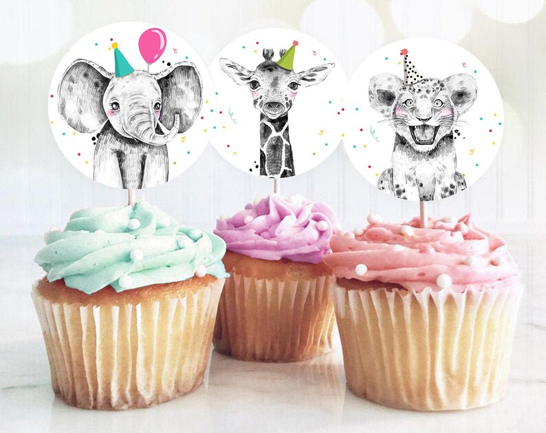 Party Animals Cupcake Toppers Favor Tags Birthday Party Decoration Safari Animals Zoo Birthday Wild One download Digital
