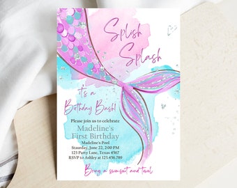 Editable Mermaid Birthday Party Invitation Girl Pink Purple Etsy 日本 Editable Mermaid Birthday Party Invitation Girl Pink Purple Etsy 日本