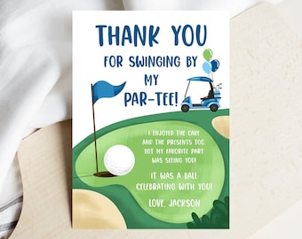 Editable Golf Thank You Card Golfing Birthday Par-tee Swinging By Hole in One Golf Court Boy Girl Cart Printable Corjl Template Digital 0405