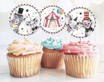 Circus Cupcake Toppers Favor Tags Circus Birthday Party Decor Carnival Circus Animals Big Top Carousel Download Digital PRINTABLE 0355