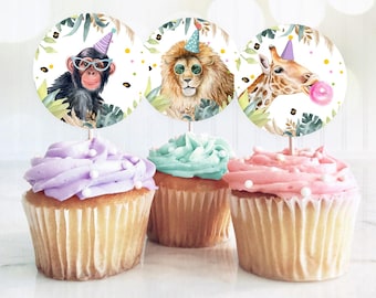 Party Animals Cupcake Toppers Favor Tags Birthday Party Decoration Safari Animals Zoo Birthday Wild One download Digital PRINTABLE 0417