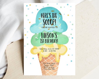 Editable Ice Cream Birthday Invitation Boy 1st Birthday Party Here's the Scoop Cone Blue Mint Yellow Summer Printable Template Corjl 0243