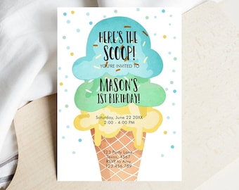 Editable Ice Cream Birthday Invitation Boy 1st Birthday Party Here's the Scoop Cone Blue Mint Yellow Summer Printable Template Corjl 0243