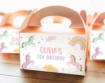 Editable Unicorn Birthday Party Gable Box Favor Label Magical Unicorn Gift Box Labels Girl Pink Pastel Unicorn Download Printable Corjl 0426