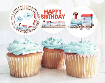 Train Cupcake Toppers Railroad Favor Tags Train Birthday Party Decor Chugga Chugga Choo Choo All Aboard Boy Download Digital PRINTABLE 0149