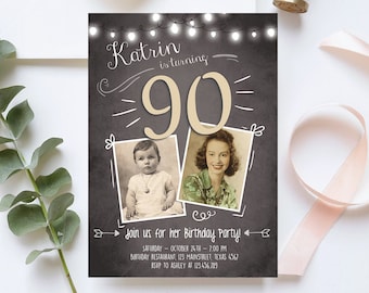 Editable ANY AGE 90th Birthday Invitation Chalkboard Rustic Adult Birthday Ninety Photo Vintage Printable Invitation Corjl Template 0230