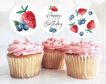 Strawberry Blueberry Birthday Cupcake Toppers Favor Tags Girl Boy Party Decor Berry Sweet 1st Strawberries Digital Download  PRINTABLE 0399