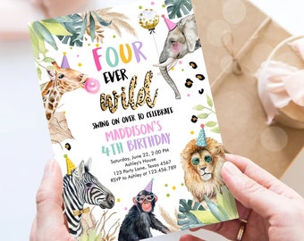 Editable Four Ever Wild Birthday Invitation Leopard Safari Animals Zoo 4th Birthday Party Animals Download Printable Template Corjl 0417