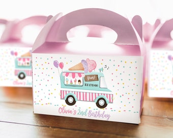 Editable  Ice Cream Truck Favor Box Label Gable Gift Box Ice Cream Birthday Sweet One First Girl Treat Box Tag Download Printable Corjl 0243