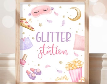 Panneau de gare de paillettes, panneau d'anniversaire pour soirée pyjama, décoration de soirée pyjama pour adolescents, pyjama d'anniversaire, pizza crêpes, jeu de fille à télécharger imprimable 0447