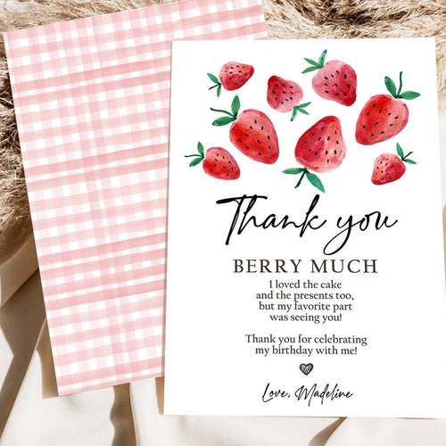 Editable Strawberry Thank You Card Strawberry Birthday First Etsy