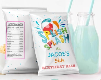 Editable Splish Splash Birthday Chip Bag Pool Party Decor Boy Summer Birthday Party Snack Favors Printable Digital Corjl Template 0169