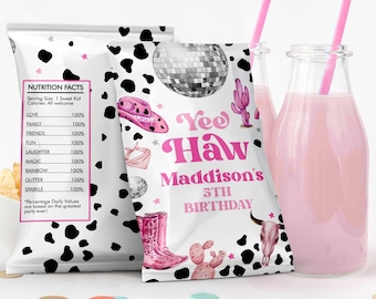 Bewerkbare ruimte cowgirl chip tas disco cowgirl verjaardagsfeestje decor meisje Yee Haw Nashville rodeo snack gunsten digitale Corjl sjabloon 0455