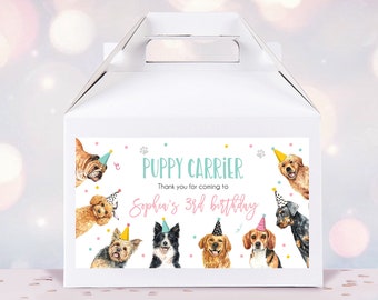 Editable Puppy Carrier Box Favor Label Puppy Birthday Favor Box Label Boy Girl Adopt a Puppy Pet Vet Digital Download Printable Corjl 0384