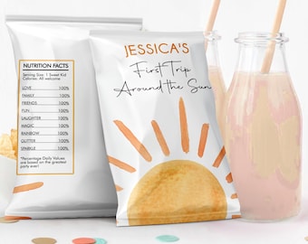 Editable Sun Chip Bag Boho Suns Birthday Party Decor First Trip Around the Sun 1st Birthday Sunshine Favor Digital Template Printable 0431
