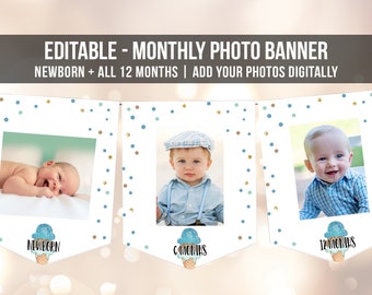 Editable Ice Cream Monthly Photo Banner First Birthday Boy Blue Brown Mint Sweet One Decor Instant Download Corjl Template Printable 0243