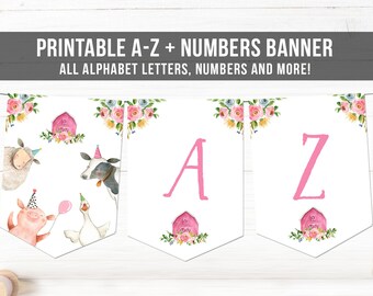 Farm Animals Birthday Banner A-Z Alphabet Numbers Banner Happy Birthday Girl Pink Teal Barnyard Country Barn Decor Download Printable 0155