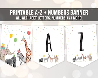 Safari Animals Birthday Banner A-Z Alphabet Numbers Banner First Happy Birthday Banner Girl Boy Neutral Party Animals Decor Printable 0142